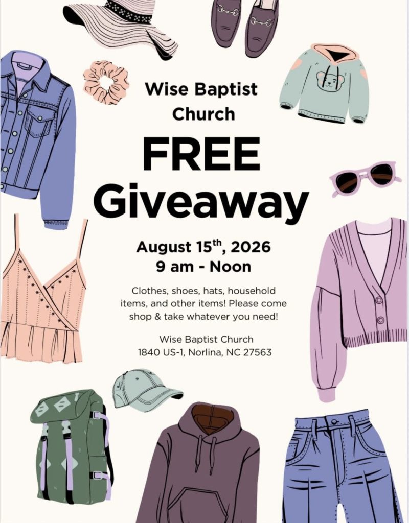 Wise Baptist Church Free Giveaway Flyer - August 15, 2026 - 9 am to noon